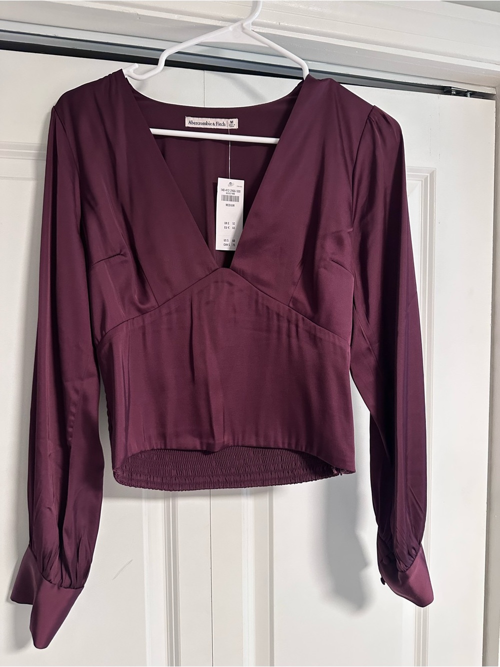 Abercrombie & Fitch Wine Satin V-Neck Long Sleeve Blouse
